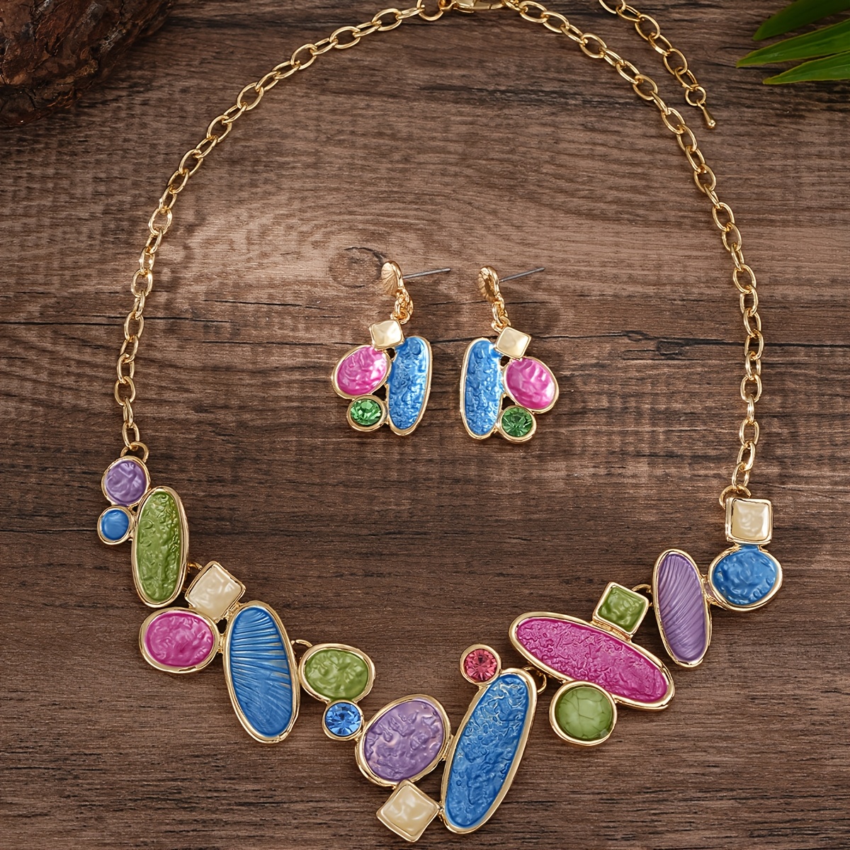 Women's Irregular Geometric Enamel Jewelry Set, Necklace & Earrings